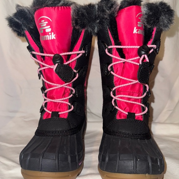 NEW KAMIK FROSTY LAKE KID'S WINTER BOOTS BLACK & PINK YOUTH SIZE 12 FAUX FUR - Picture 1 of 5